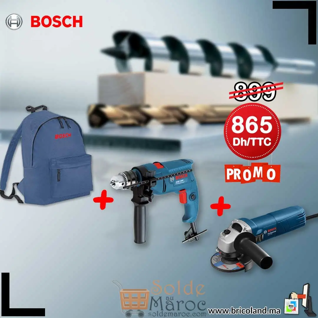 Promo Bricoland Pack Bosch Perceuse + Meuleuse + Sac 865Dhs au lieu de 899Dhs