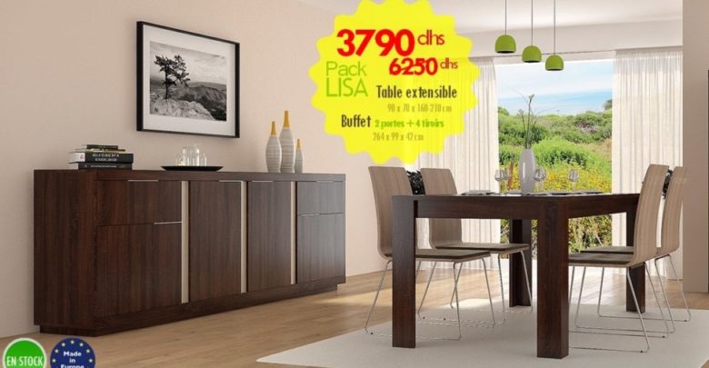 Soldes Azura Home PACK LISA table à manger extensible sans chaise + Buffet 4 portes 2 tiroirs 3790Dhs au lieu de 6250Dhs