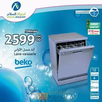 Promo Aswak Assalam Lave-vaisselle BEKO 2599Dhs au lieu de 3899Dhs