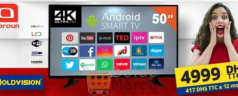 Offre Spéciale Abroun Smart TV GOLDVISION 50" Receteur HD + IPTV 4999Dhs