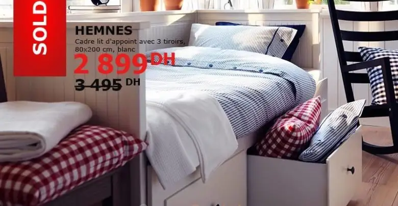Soldes Ikea Maroc Cadre lit d'appoint avec 3 tiroirs HEMNES Blanc 2899Dhs au lieu de 3495Dhs