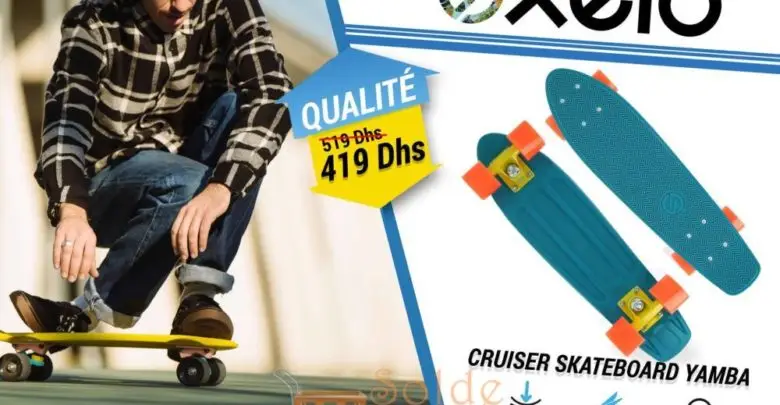 Promo Decathlon Cruiser Skateboard YAMBA Bleu Corail 419Dhs au lieu de 519Dhs