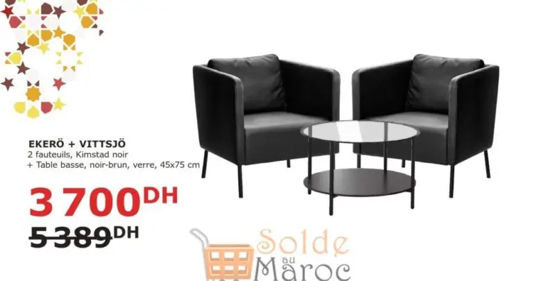 Soldes Ikea Maroc 2 Fauteuils + Table basse EKERO/VISTTSJO 3700Dhs au lieu de 5389Dhs