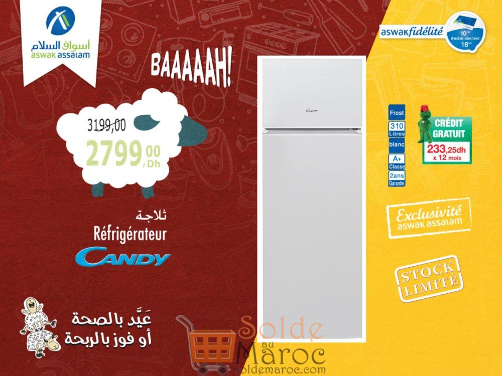 Promo Aswak Assalam Réfrigérateur CANDY 2799Dhs au lieu de 3199DHs