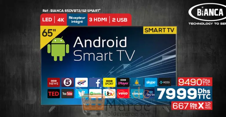 Promo Le Comptoir Electro Smart TV 65" Android 4K BIANCA 7999Dhs au lieu de 9490Dhs
