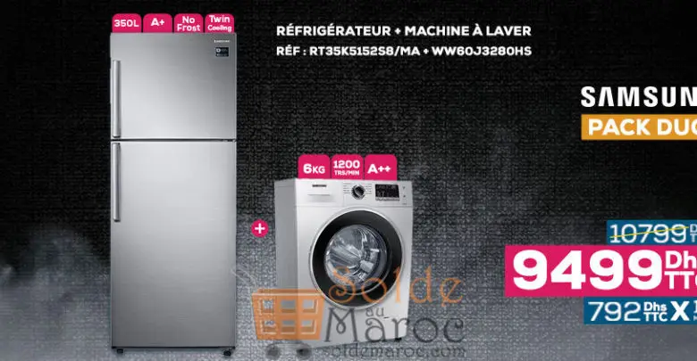 Soldes Le Comptoir Electro Pack Duo Samsung Réfrigérateur + Lave-linge 9499Dhs au lieu de 10799Dhs