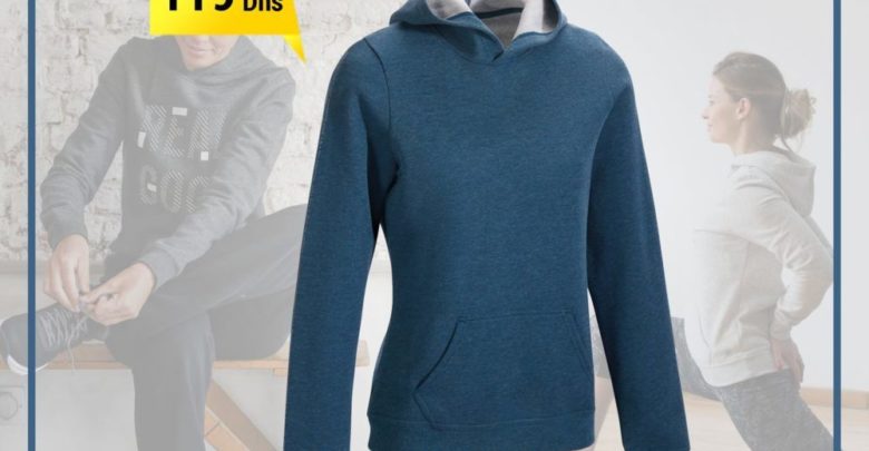 Soldes Decathlon Sweat-shirt capuche turquoise chiné printé 119Dhs au lieu de 139Dhs