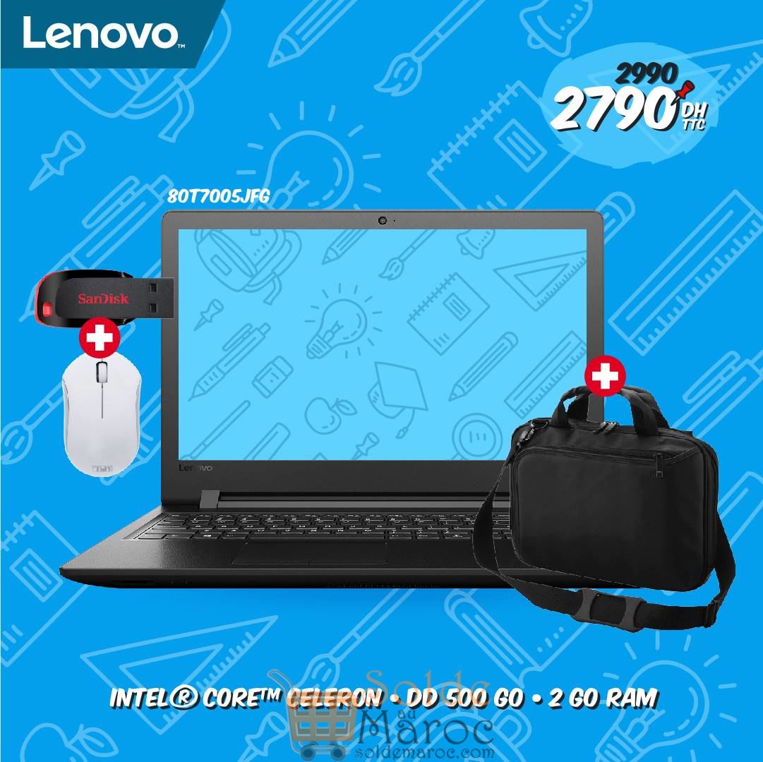 Promo Biougnach Laptop Lenovo Celeron + Sacoche + Souris Sans Fil + Clé USB 32Go 2790Dhs au lieu de 2990Dhs