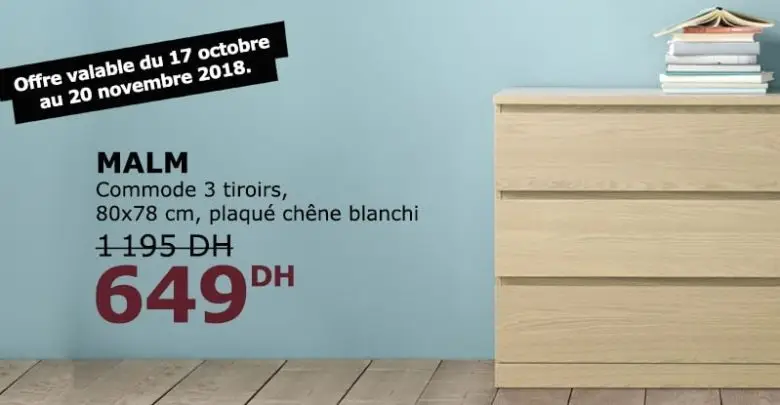 Soldes Ikea Maroc Commode 3 tiroirs MALM plaqué chêne blanchi 649Dhs au lieu de 1195Dhs