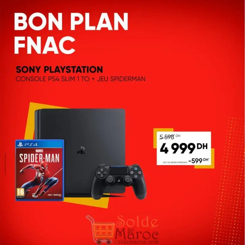 Bon plan Fnac Maroc Sony Console PS4 Slim 1To Playstation + jeu Spiderman 4999Dhs au lieu de 5598Dhs