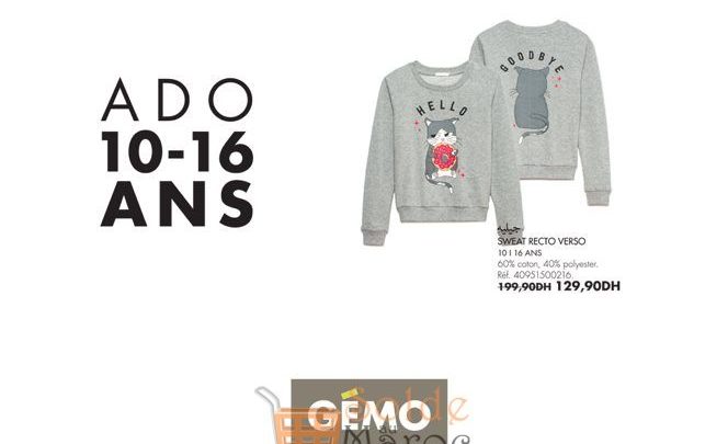 Promo Gémo Maroc Sweat Recto Verso 129Dhs au lieu de 199Dhs