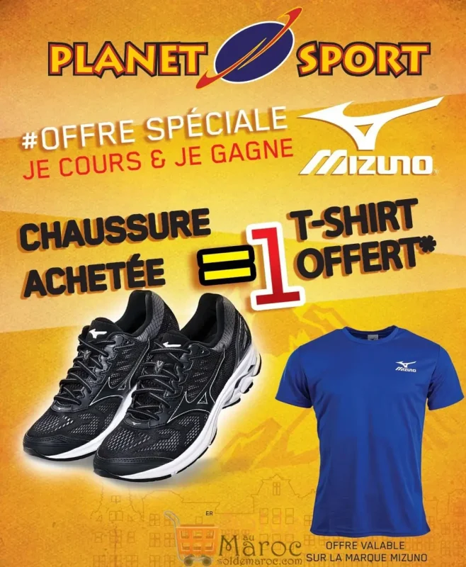 Offre Spéciale Planet Sport une chaussure Mizuno acheté 1 t-shirt offert