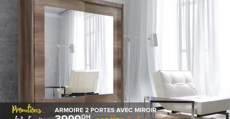 Promo fin d'année Cozy Home Armoire 2 Portes avec Miroir 3999Dhs au lieu de 9250Dhs