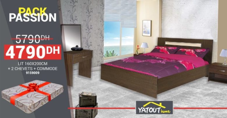 Promo Yatout Home Pack Passion Lit 160x200 + 2 chevets + commode 4790Dhs au lieu de 5790Dhs