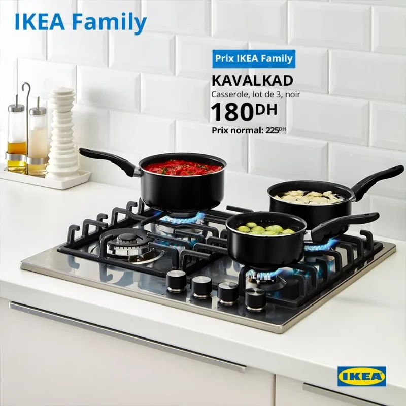 Promo Ikea Family Lot de 3 Casserole noir KAVALKAD 180Dhs au lieu de 225Dhs