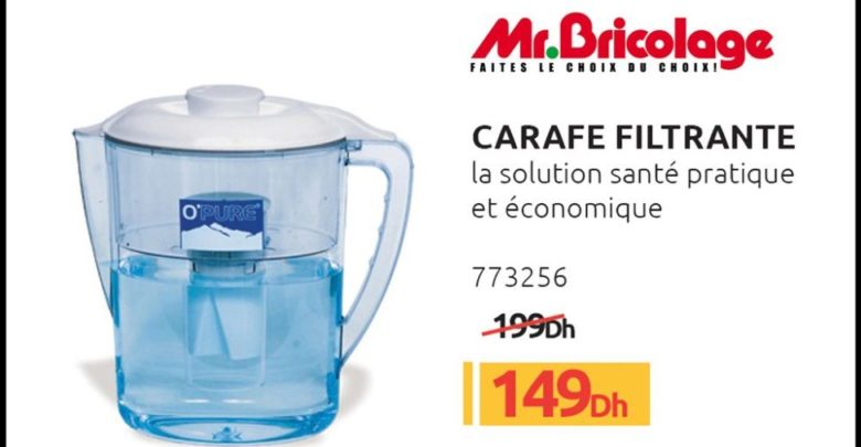 Promo Mr Bricolage Maroc Carafe Filtrante Solution santé pratique et économique 149Dhs au lieu de 199Dhs