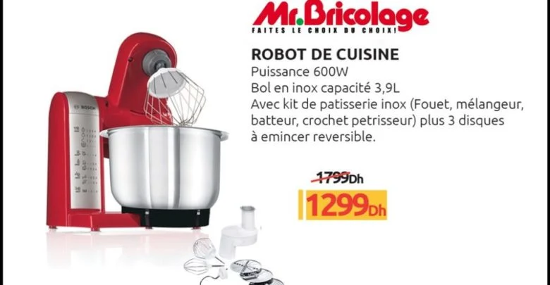 Promo Mr Bricolage Robot de cuisine Bosch Bol en inox 3.9L 1299Dhs au lieu de 1799Dhs