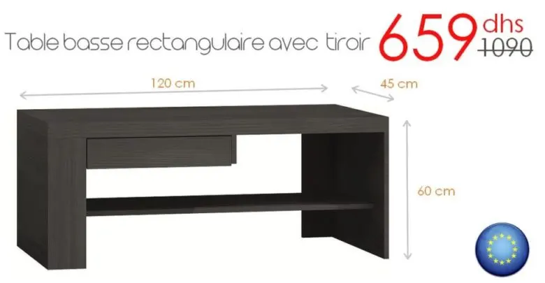 Promo Azura Home Table basse rectangulaire avec tiroir 120cm 659Dhs au lieu de 1090Dhs