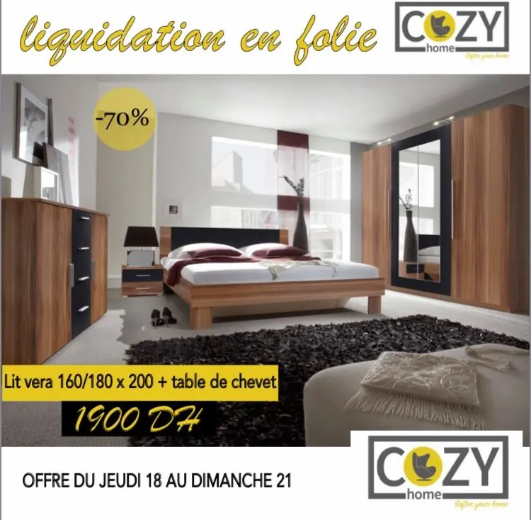 Liquidation Cozy Home Lit VERA + table de chevet 1900Dhs du 18 au 21 Juillet 2019