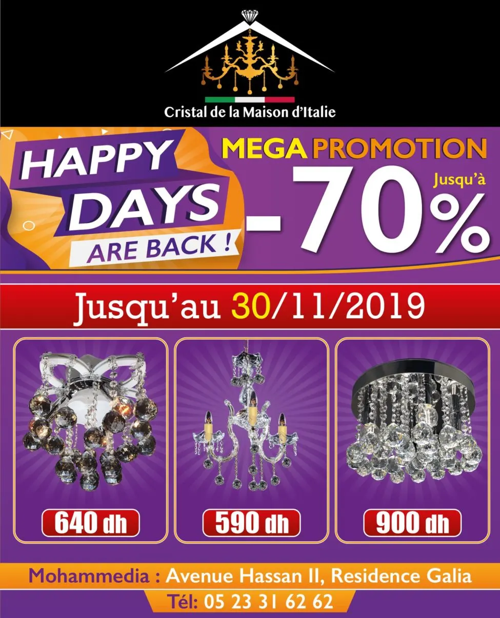 Happy Days Cristal de la maison d’Italie Mega Promo Jusqu'au 30 Novembre 2019