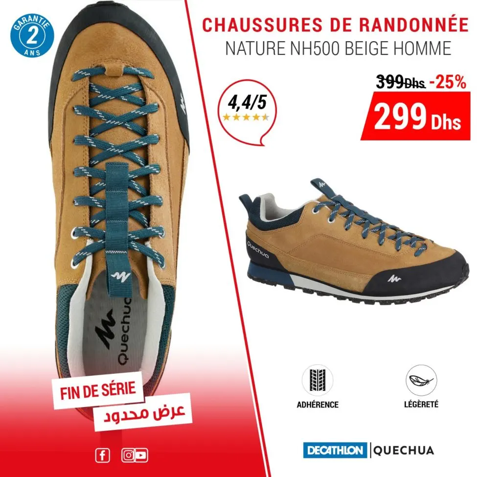 Promo Decathlon Maroc Chaussures randonnée QUECHUA homme 299Dhs au lieu de  399Dhs