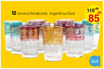 Soldes Alpha55 12 Verres à thé décoré argenté ou Doré 85Dhs au lieu de 115Dhs