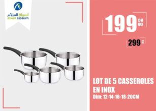 Soldes Aswak Assalam LOT DE 5 CASSEROLES EN INOX 199Dhs au lieu de 299Dhs