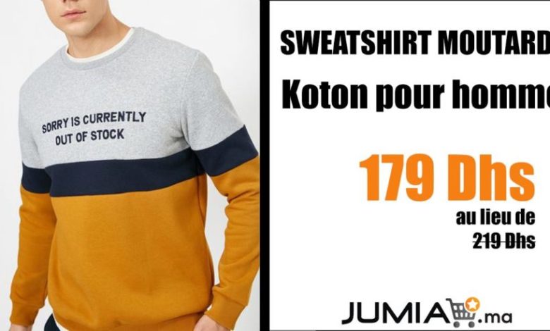 Promo Jumia SWEATSHIRT MOUTARDE Koton Homme 179Dhs au lieu de 219Dhs