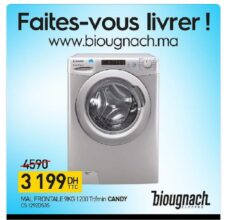 Promo Biougnach Electro Lave-linge 9K CANDY 3199Dhs au lieu de 4590Dhs