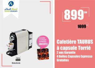Promo Aswak Assalam Cafetière à capsule Torrié TAURUS 899Dhs au lieu de 1099Dhs