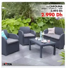 Promo Kitea Set CAROLINA Canapé + 2 fauteuils + table 2990Dhs au lieu de 3495Dhs