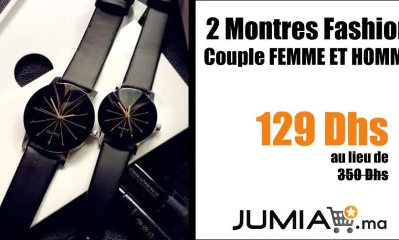 Promo Jumia 2 Montres Fashion Couple FEMME ET HOMME 129Dhs au lieu de 350Dhs