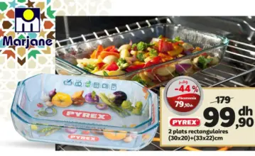 Soldes Marjane 2 plats rectangulaires en verre PYREX 99Dhs au lieu de 179Dhs