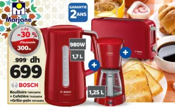 Soldes Marjane Bouilloire + Cafetière + Grille-pain Bosch 699Dhs au lieu de 999Dhs