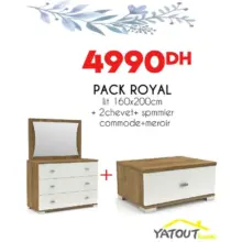 Offre Spéciale Yatout Home Pack Royal lit avec sommier + 2 chevets + Commode + miroir 4990Dhs