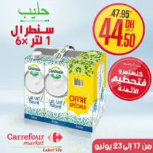 Promo chez Carrefour Market Maroc Lot de 6 litres du lait UHT 44.50Dhs au lieu de 74.95Dhs