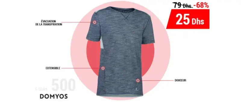 Soldes Decathlon T-Shirt 500 Manches Courtes DOMYOS 25Dhs au lieu de 79Dhs
