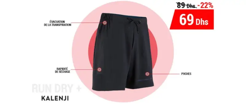 Soldes Decathlon SHORT RUNNING HOMME KALENJI 69Dhs au lieu de 89Dhs