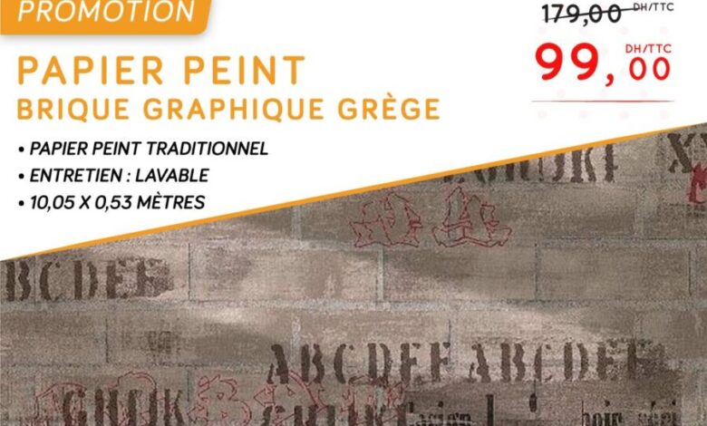 Promotion chez Bricodéco Papier Peint brique graphique GREGE 99Dhs au lieu de 179Dhs