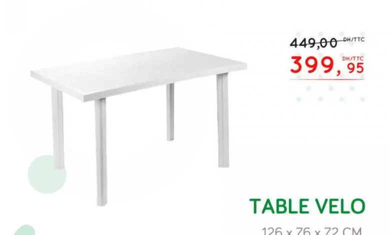 Soldes Bricodéco Table VELO 126x76x72cm 399Dhs au lieu de 449Dhs