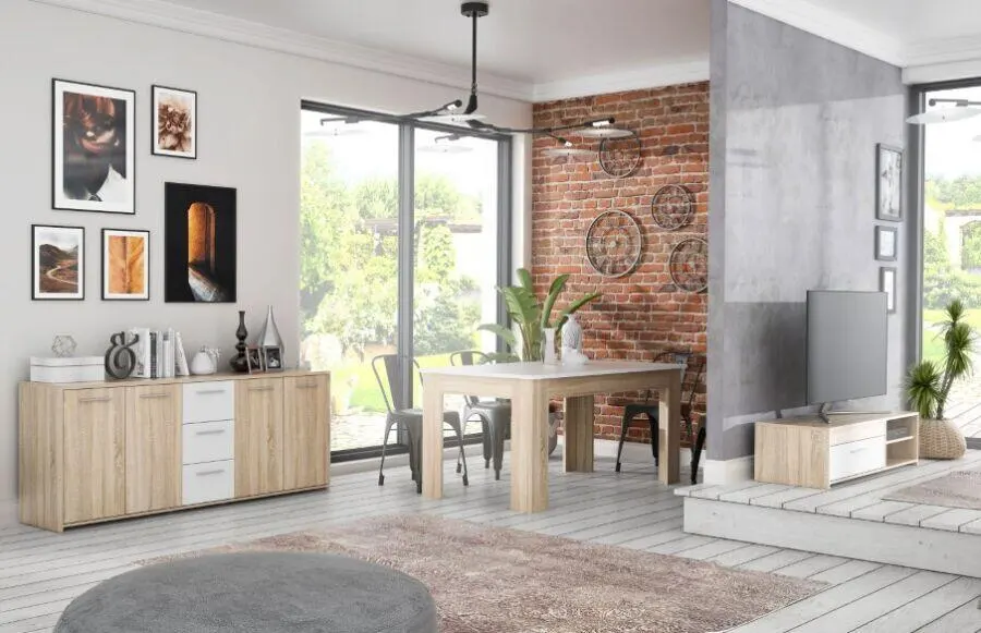 Soldes Kitea Pack salon PILVI Meuble TV + Buffet + Table à manger 3195Dhs au lieu de 4895Dhs