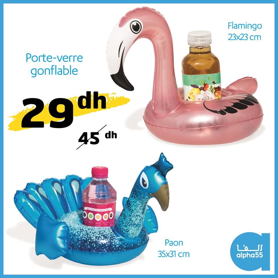 Soldes Alpha55 Porte-verre gonflable Flamingo/Paon 29Dhs au lieu de 45Dhs