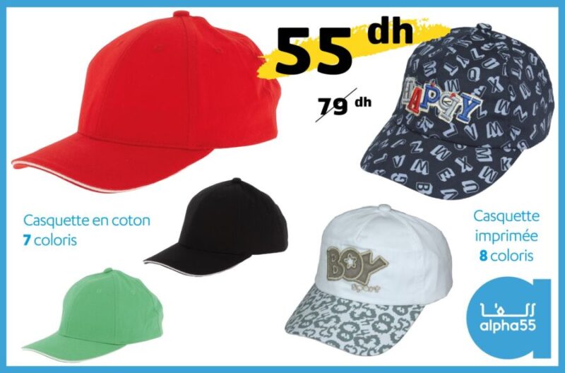 Soldes Alpha55 Casquette en coton/imprimé divers coloris 55Dhs au lieu de 79Dhs
