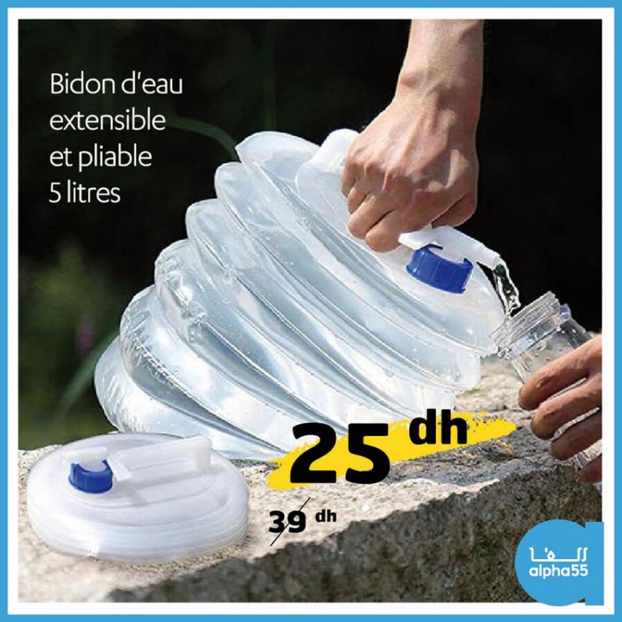 Soldes Alpha55 Bidon d'eau extensible et pliable 5L 25Dhs au lieu de 39Dhs