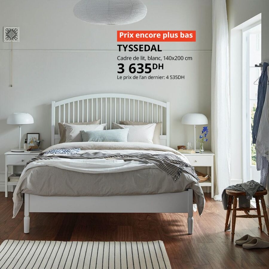 Soldes Ikea Maroc Cadre de lit blanc 140x200cm TYSSEDAL 3635Dhs au lieu de 4535Dhs