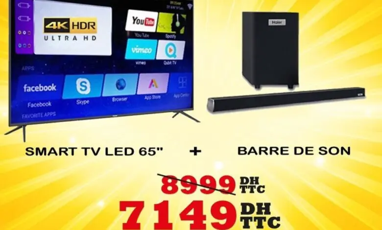 Offre en ligne Tangerois Electro Smart TV LED 65p HAIER + barre de son 7149Dhs au lieu de 8999Dhs