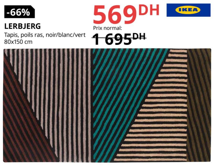 Soldes Ikea Maroc Tapis poils ras noir/blanc vert LERBJERG 569Dhs au lieu de 1695Dhs