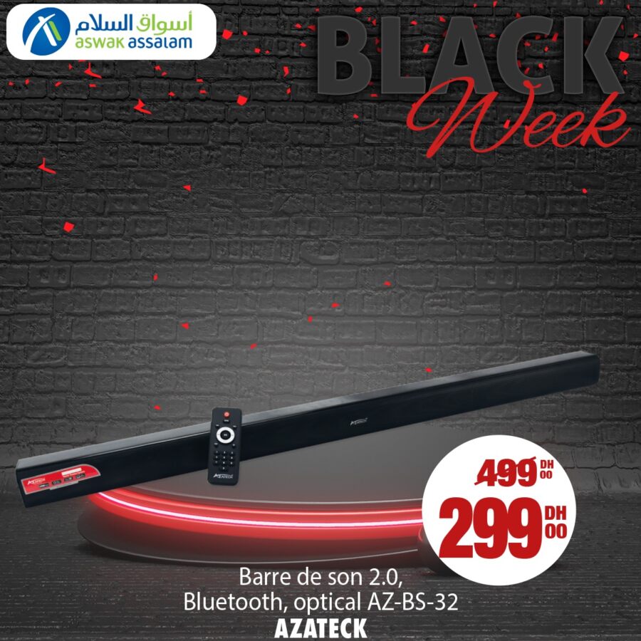 Black Week Aswak Assalam Barre de son 2.0 Bluetooth AZATECK 299Dhs au lieu de 499Dhs