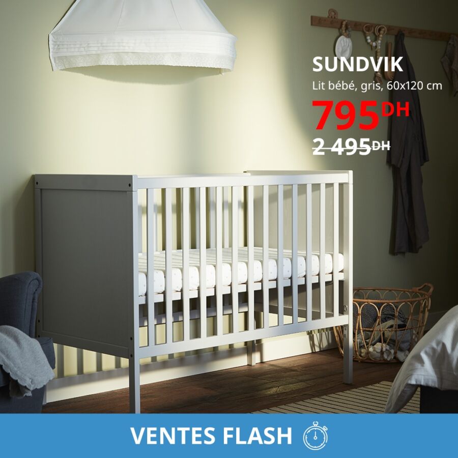Ventes Flash Ikea Maroc Lit bébé gris SUNDVIK 795Dhs au lieu de 2495Dhs
