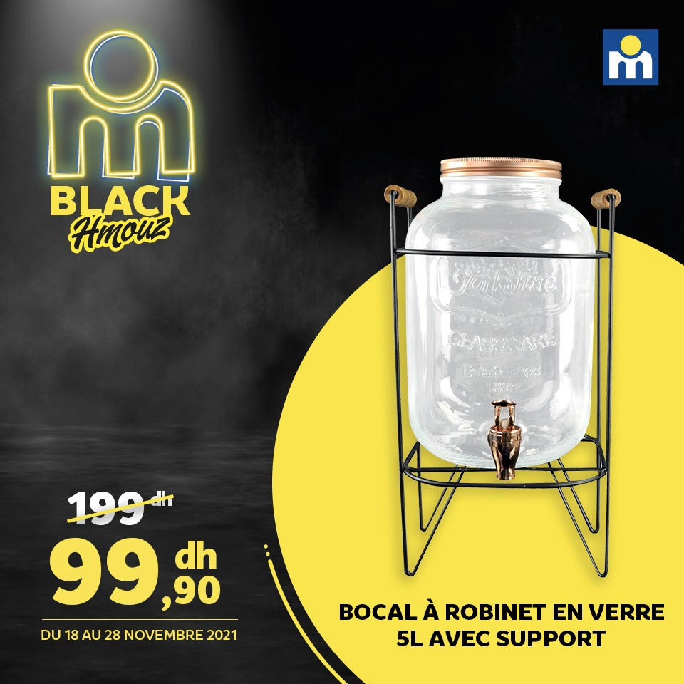 Black Hmouz chez Marjane Bocal à robinet en verre 5L avec support